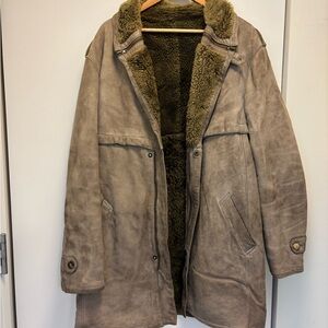 Vintage Men's Suede Shearling Coat - Brown/Dark Green